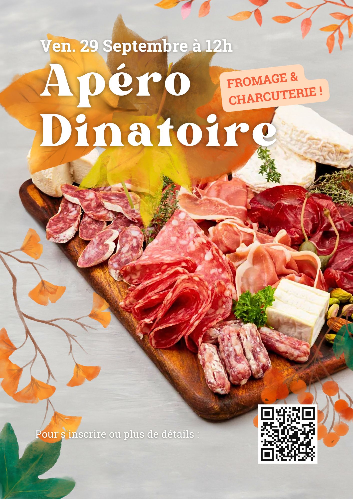 Apéro dînatoire fromage & charcuterie – Affiche promotionnelle pour un événement d’entreprise